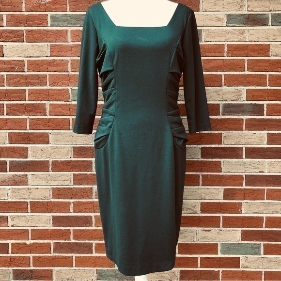 🔥 David Meister Ruched Square Neck Green 3/4 Sleeve Sheath Dress - Picture 1 of 10